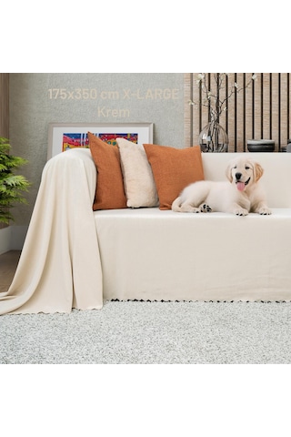 Kaymaz Koltuk Örtüsü Çift Taraflı Mikrofiber Şönil 175x350 Cm Xl- Krem Kedi Köpek Ve Çocuk Dostu krem