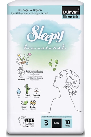 Sleepy Bio Natural Premium Plus Hijyenik Ped Gece 18 Adet Ped