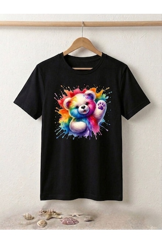 Sulu Boya Efektli Teddy Bear Baskılı Kompak T-shirt Siyah