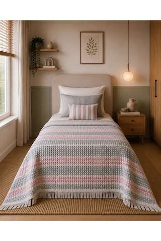 Tek Kişilik Pamuklu Pike 175x215 Cm Püsküllü Dokuma Yatak Örtüsü Çizgili Pembe