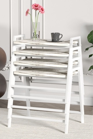 Zigon Sehpa , Aden 4'lü Tepsi Zigon Sehpa Takımı Beyaz Metal - Beyaz Mermer Tabla Beyaz-beyaz Mermer