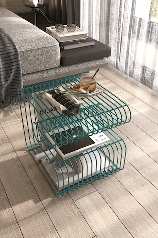 Santorini Tel Metal Tasarımlı Modern Paslanmaz Yan Sehpa, Dekoratif Metal Sehpa Boz Turkuaz