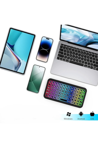 Rgb Mini Bluetooth Klavye Kablosuz Şarjlı Led Işıklı Apple iOS Android Windows Uyumlu El Boyu