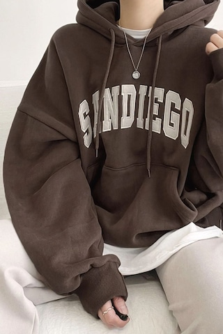 Uyguntarz Unisex Sandiego Baskılı Oversize Sweatshirt Kahverengi