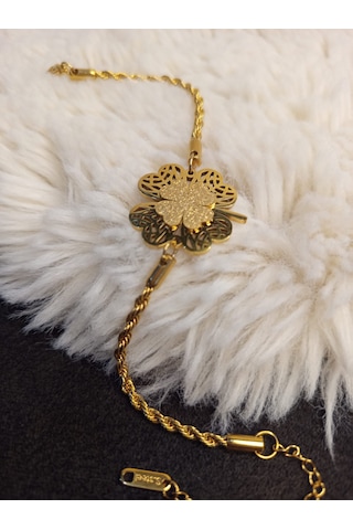 Stainless Steel Hasır Kordon Yonca Çelik Bileklik Gold