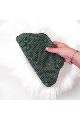 Simli El Örgüsü Kadın Clutch Çanta Astarlı Şık Gece Ve Makyaj Çantası Yesil