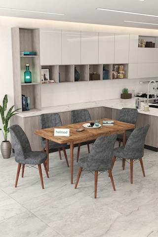 Helmod 6 Kişilik Açılır Masa Sandalye Takımı Mutfak Masası Takımı Salon Masası Yemek Masası Takımı Model:helmodd1232 Gri