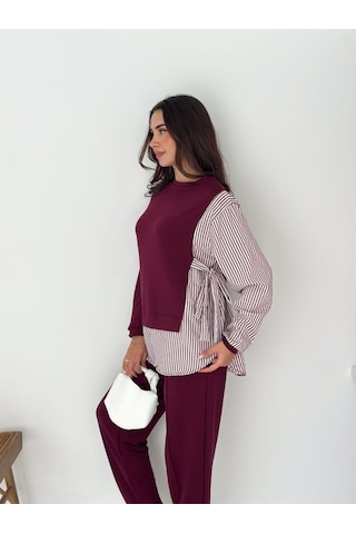 Kadın Gömlek Detay Çizgili Yandan Bağlamalı Ikili Takım Bordo