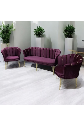 Bordo Kumaş Gümüş Metal Ayak - Balkon Ofis Bekleme Çay Seti Koltuk Takımı Bordo