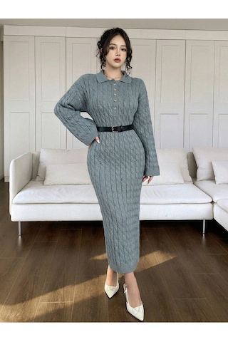 Sayzen Your Shine Gömlek Yaka Düğmeli Saç Örgülü Triko Elbise Sy-2515 Nardo Gri