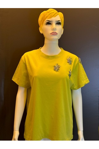 Taş İşleme Yeşil %100 Pamuk Kadın T-shirt Bluz Renkli