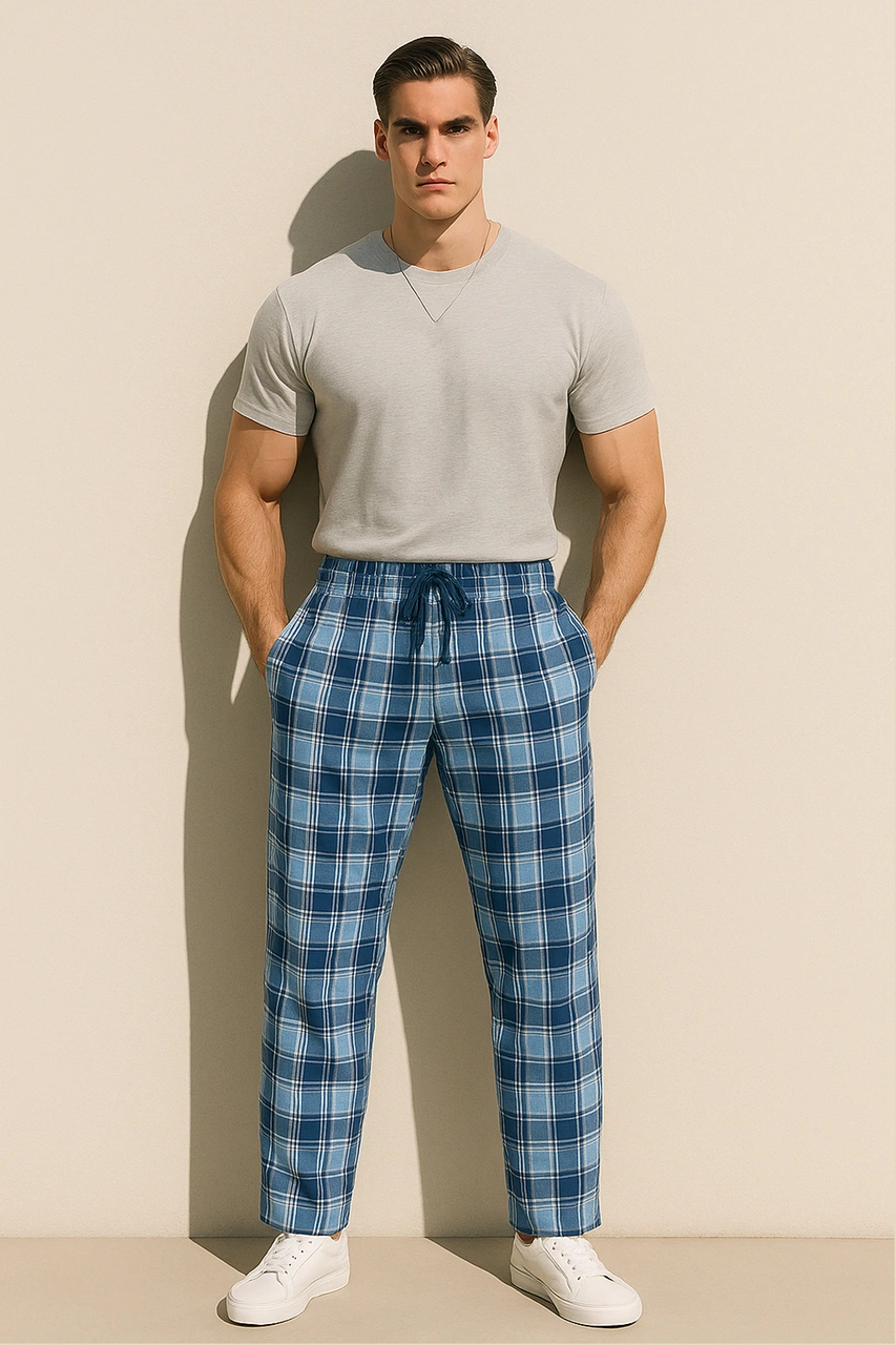 Erkek %100 Pamuk Cepli Ekose Pijama Altı Mavi Mavi Ekose