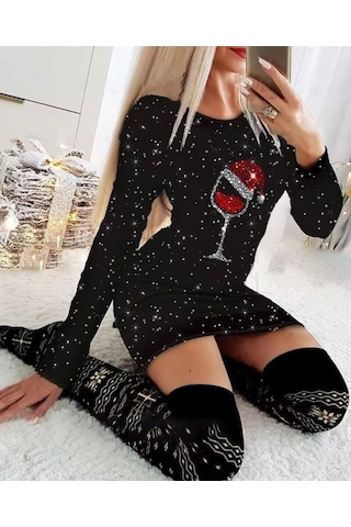 Saklımoda Kadın Uzun Kollu Taş Kadeh Baskı Mikro Mini Boy Elbise Siyah