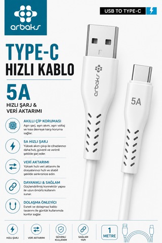 Arbaks Usb Type-c Hızlı Şarj Kablosu 5a Hızlı Veri Aktarım Kablosu 1 Metre Beyaz