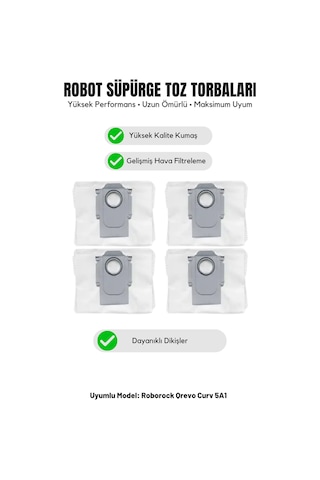 Roborock Qrevo Curv 5a1 İle Uyumlu 4'lü Toz Torbası 18.0