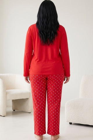 Siyah İnci Nakışlı Pamuklu Likralı Büyük Beden Battal Boy Örme Pijama Takım 26240885 Kırmızı
