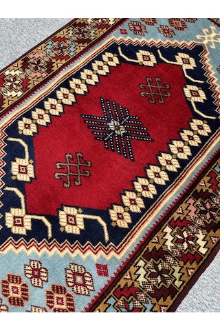 El Dokuma Yağcıbedir Halısı 85x140 Turkuazlı Kök Boya Yün Halı Turkuaz