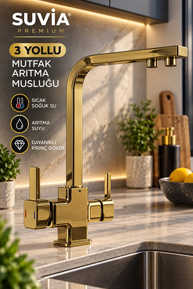Mutfak Bataryası Gold 3 Yollu Arıtma Musluğu Sıcak Soğuk Su Ve Arıtma Suyu Çıkışlı Altın/gold