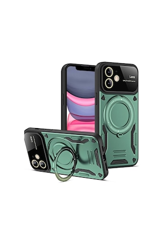 Apple Uyumlu iPhone 11 Kılıf Tam Koruma Sağlayan Manyetik Standlı Tank Silikon Kapak Ryc/joy Lens Koyu Yeşil