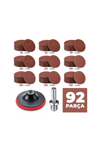 Cırt Zımpara Seti 115 Mm 92 Parça 90 Adet Farklı Kum Zımpara Matkap Aparatı + Zımpara Tabanı