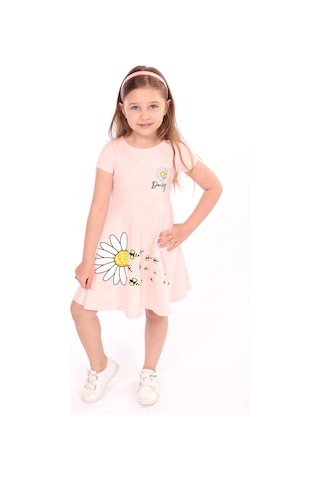 Toontoy Kız Çocuk Göğsü Ve Etek Kısmı Daisy Yazılı Arı Baskılı Elbise Pudra