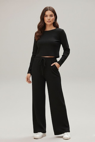 Fit Women Çizgi Likralı Kayık Yaka Alt Üst Takım 4443 Siyah