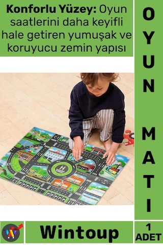 Oyunmatı Eğitici Katlanabilir Kaymaz Şık Dekoratif Araba Yolu Çocuk Oyun Matı Mutlu Şehir Hayatı