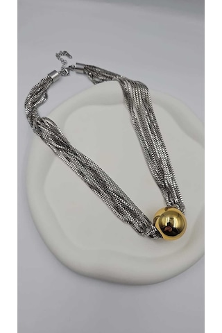 Çoklu Zincir Gümüş Altın Top Çelik Kolye Gümüş