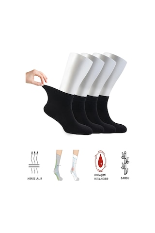 Ozzy Socks Kadın 4 Çift Bambu Lastiksiz Sıkmayan Diabetik Bilek Çorap Siyah