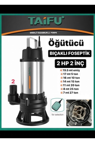 Taifu 2 Hp 220v Çelik Öğütücülü Bıçaklı Pis Su Dalgıç Pompa