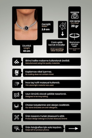 Kadın Siyah Oval Model Zirkon Taşlı Gümüş Abiye Kolye Choker Çok Renkli