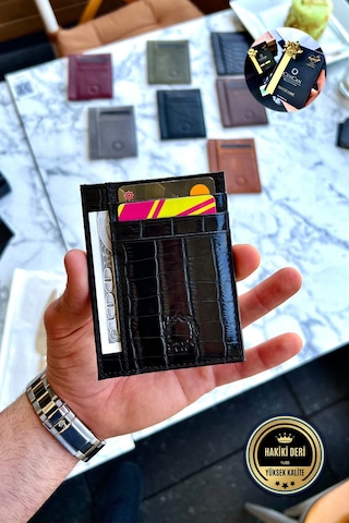 Unisex Mia Croco Siyah Gerçek Hakiki Deri Ultra Ince Dokulu Kartlık Croco Siyah