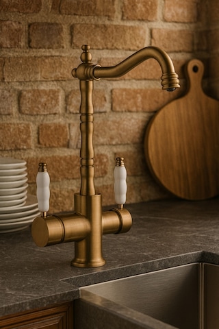 Rena Design Rustik Mat Gold Aritmali 3 Yollu Mutfak Evye Batarya Prinçlüks Musluk Garanti Porselen Kol Armatür