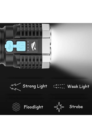 Padalink 4 Led'li Şarjlı Cob Yan Aydınlatmalı Çok Fonksiyonlu El Feneri Siyah