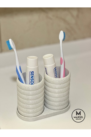 Modern Banyo Düzenleyici V2 - Diş Fırçalık Seti - İkili Set - Mermer Beyaz 10cm Mermer