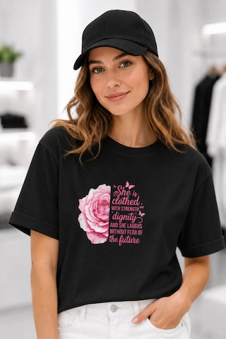 Bayloranzzo Rose Art %100 Pamuk Heavy Cotton Premium Kalite Kadın Tişört Siyah