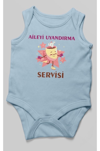 Aileyi Uyandırma Servisi Baskılı Bebek Zıbını Çıtçıtlı Body %100 Pamuk Sıfır Kol Bebe Mavisi