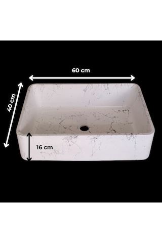 Mermer Desenli Tezgah Üstü Çiftlik Model Taş Lavabo 60 X 40 Cm Beyaz