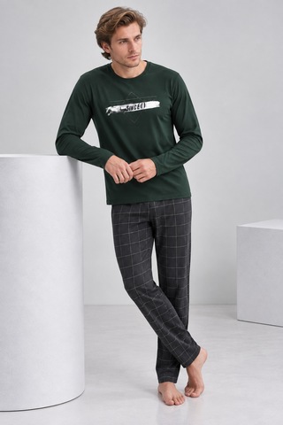 Pijamask Erkek Haki Yeşil Baskılı Üst Siyah Ekose Alt Uzun Kollu Pijama Takımı Haki