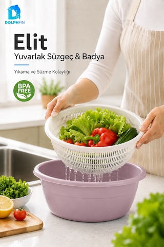 Elit Yuvarlak Süzgeç Ve Badya Seti Bpa Free Beyaz - Mavi