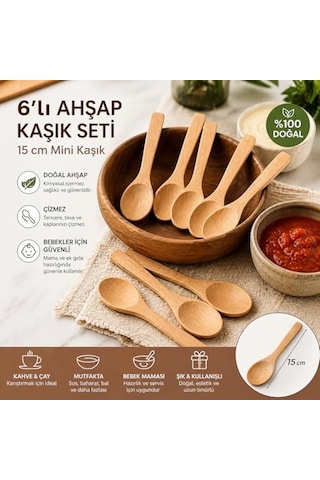6 Lı Küçük Ahşap Kaşık Seti 15 Cm Doğal Ahşap Mini Kaşık Karıştırma Tadım Baharat Sos Servisi Bebek Besleme İçin Isıya Dayanıklı Tencere Çizmez Ergonomik Sağlıklı Mutfak Kaşığı Seti