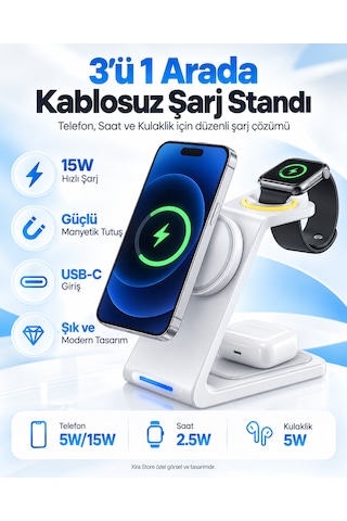 3 Ü 1 Arada Manyetik Kablosuz Şarj Standı 15w Hızlı Şarj, Telefon + Akıllı Saat + Kulaklık