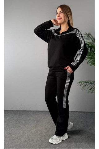 Soonaksesuar Kadın Fermuar Ve Ekose Detay Sweatshirt Ve Pantolon Üç Iplik Kumaş Ikili Takım Siyah