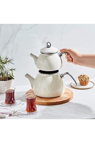 Kristal Krem Emaye Çaydanlık Takımı Çelik