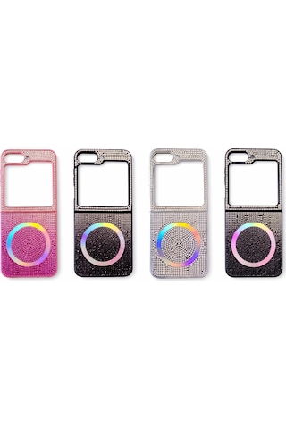 Samsung Uyumlu,  Z Flip 5 Kılıf Diamont Magsafe Hologramlı Telefon Kılıfı 1 Renk Siyah