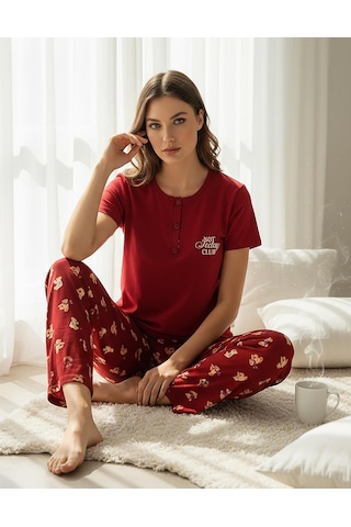 Mihra Kadın Compakt Penye Düğmeli Yaka Kısa Kol İnce Pijama Takımı 90783k - 1 Adet Kırmızı