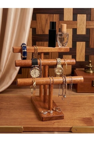 Brothers Craft Ahşap Takı Standı Dekoratif Takı Düzenleyici, Saat, Bileklik Ve Kolye Standı Kestane