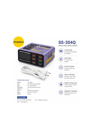 Hızlı Şarj Cihazı - Dijital Ekranlı Ss-304q 6 Port Usb -