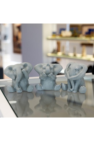 3 Lü Görmedim-duymadım-bilmiyorum Mermerit Fil Biblo - Gri