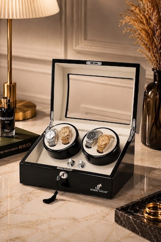 Watch Winder Brooklands Collection 4 Slotlu Ultra Sessiz Otomatik Saat Kurma Kutusu +6 Muhafaza Alanlı, Piano Ebony & Alcantara Kahve Krem